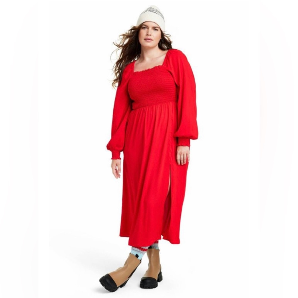 La Ligne x Target. Red Long Sleeve Midi Dress with Smocked Bodice. XXS.